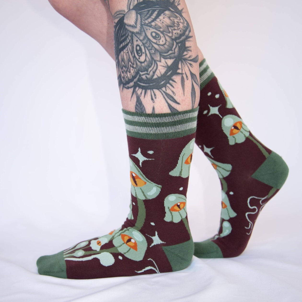 Mystic Mushrooms Crew Socks | Enchanted One-eyed Fungi Footwear