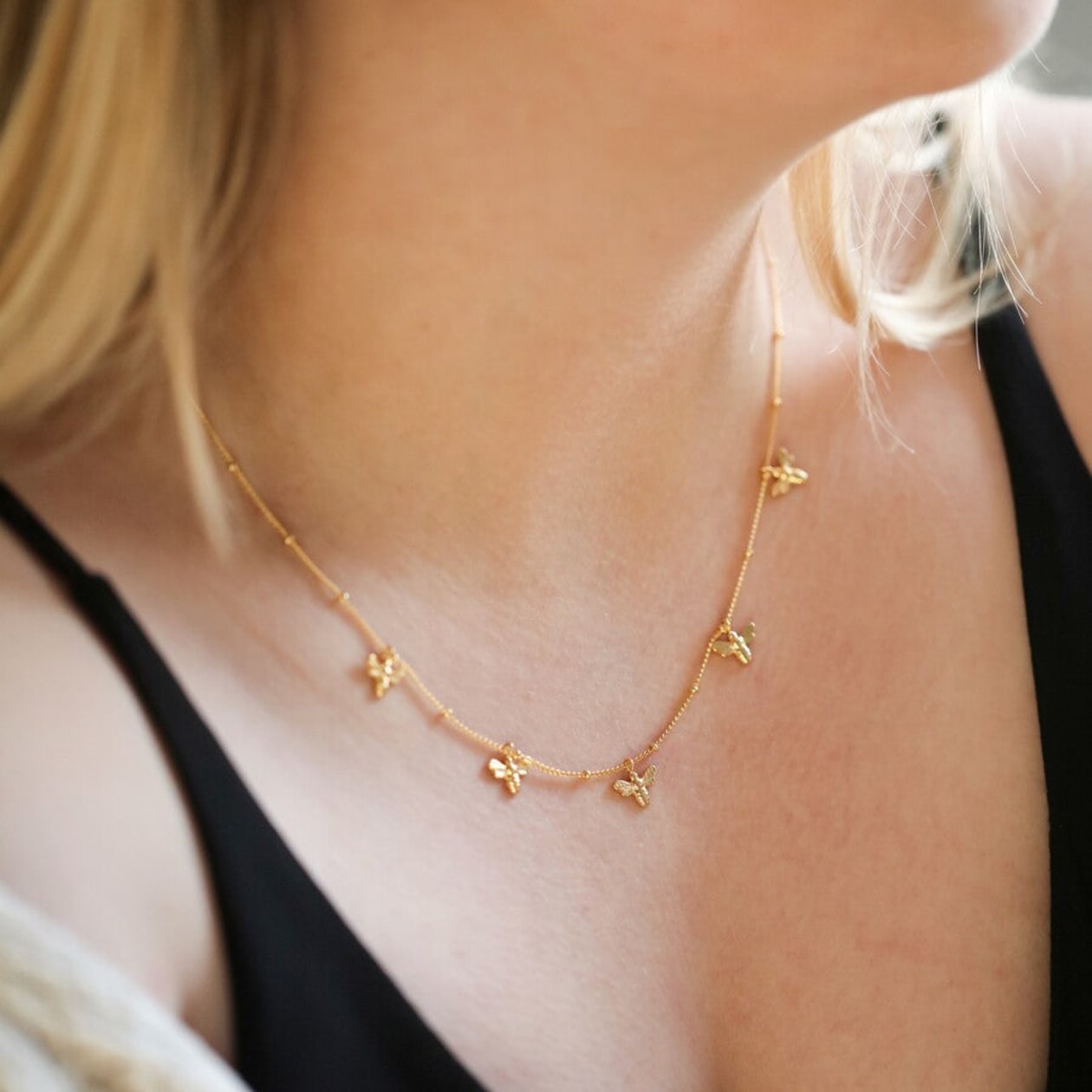 Tiny Bee Charms Necklace in Gold | Designed in the UK | 14K Gold Plated Brass