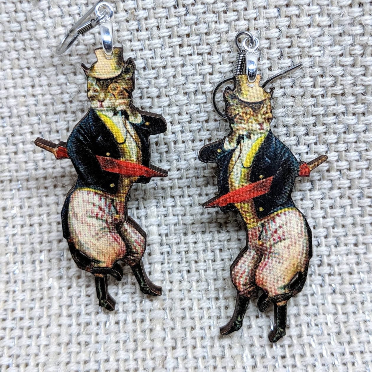 Dapper Cat Dangling Earrings | Handmade | Lightweight Wood