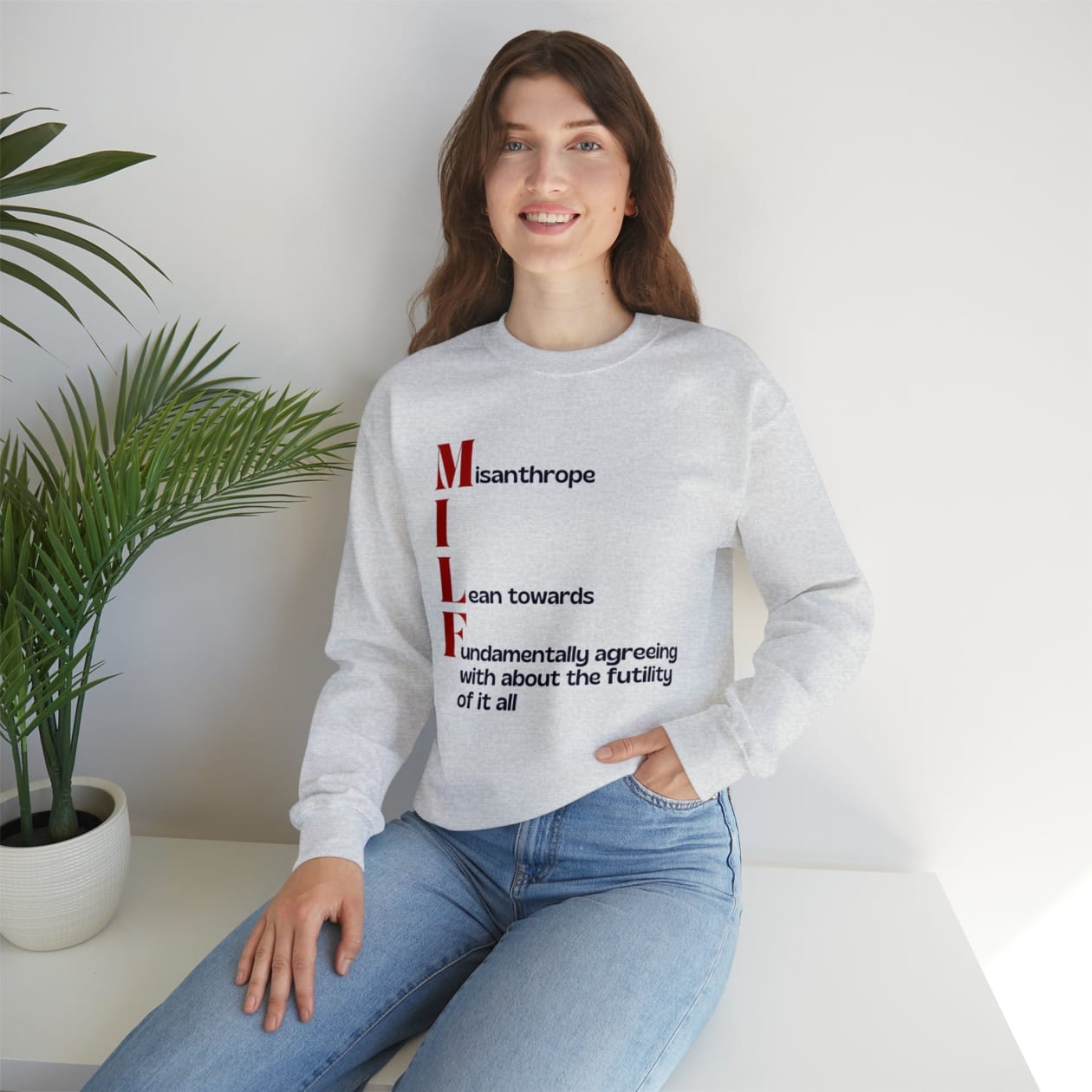 MILF Misanthrope I Lean Towards Fundamentally Agreeing With About the Futility of It All Unisex Heavy Blend™ Crewneck Sweatshirt Sizes SM-5XL | Plus Size Available - Color: Ash, Size: S