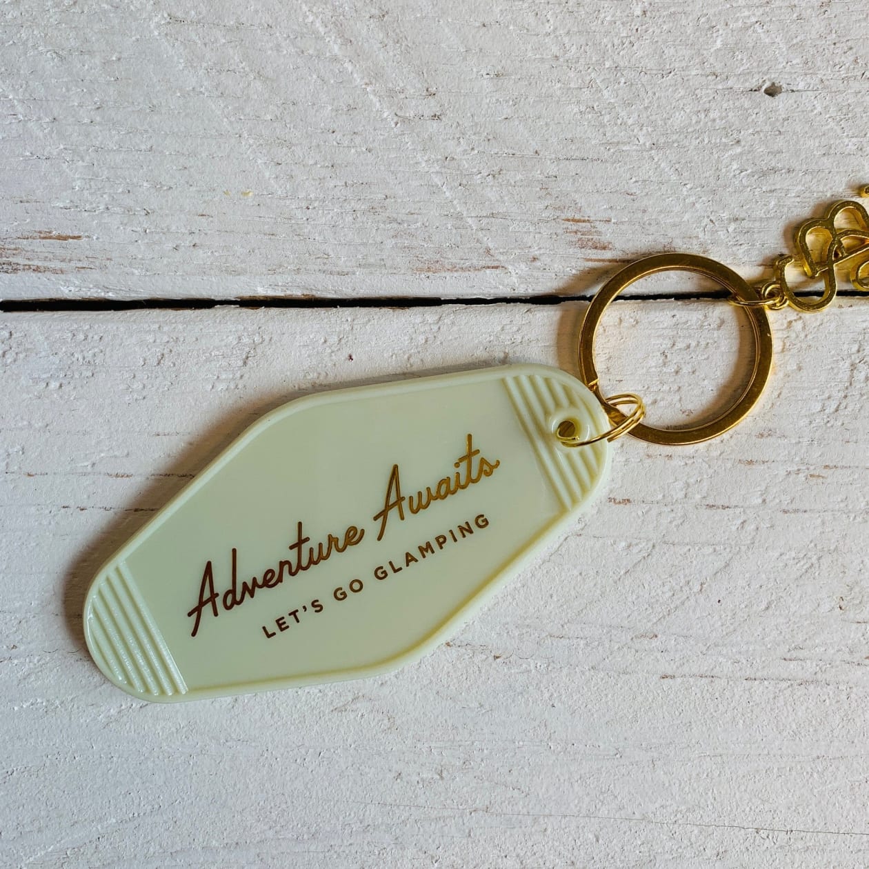 Adventure Awaits Let's Go Glamping Motel Style Keychain in Light Green with Gold Hardware