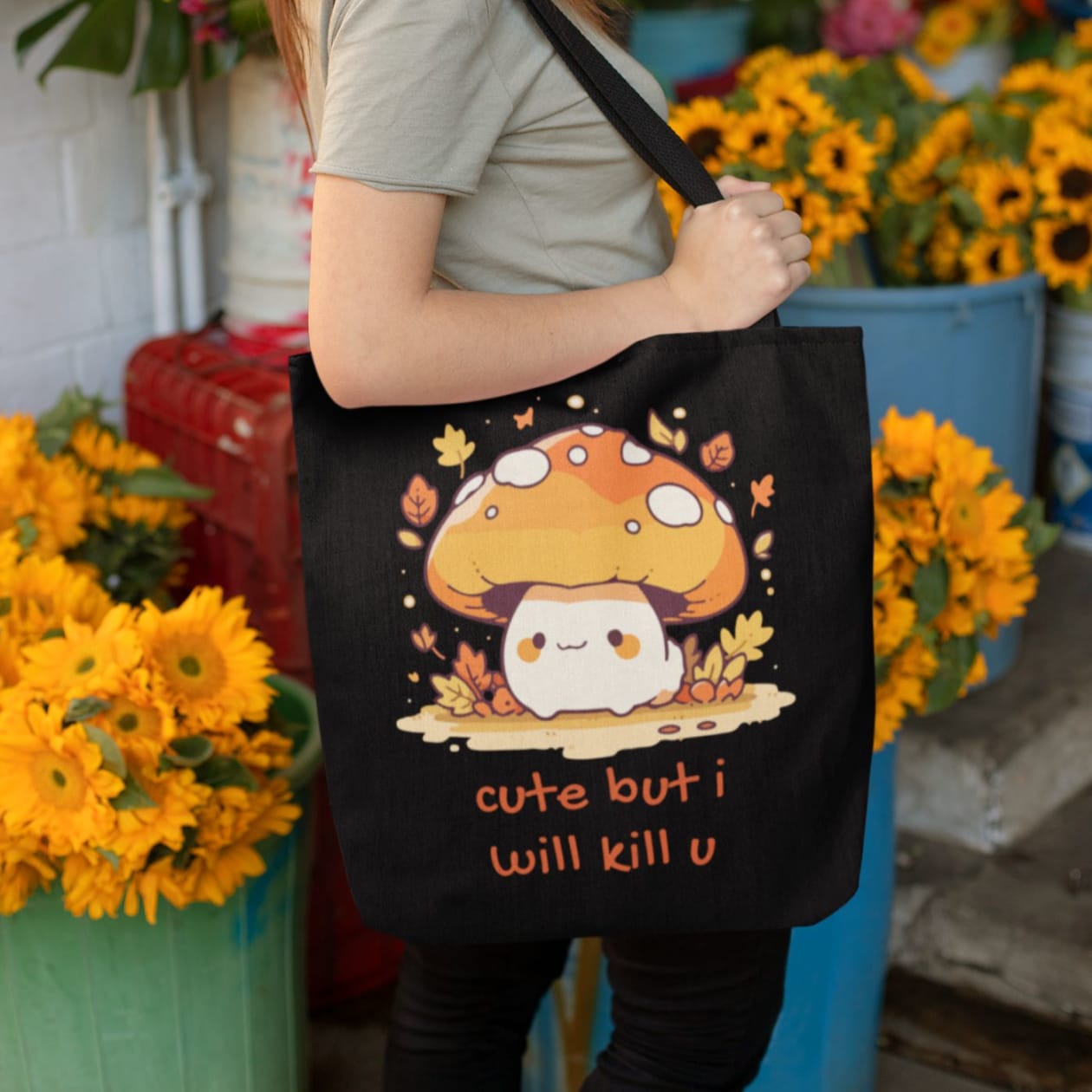 Cute But I Will Kill U Mushroom Tote Bag in Black | 16" x 16"