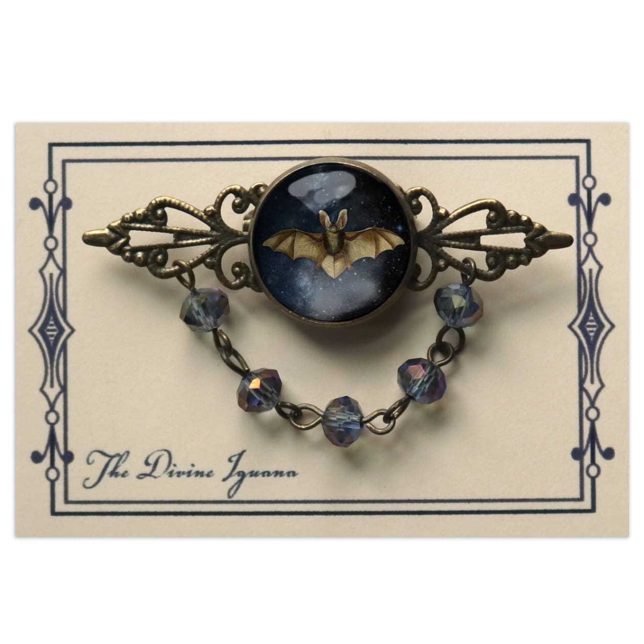 Starry Goth Bat Bead and Filigree Halloween Brooch | Handmade in the US