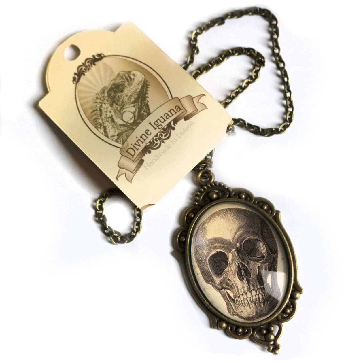 Old Skull Ornate Oval Pendant Necklace | Handmade in the US