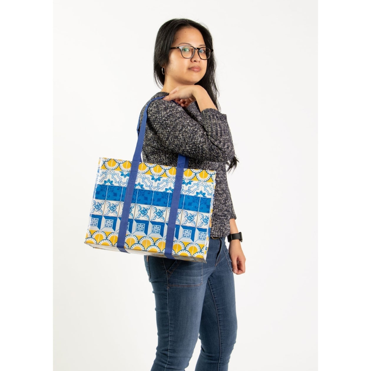 Painted Tiles Shoulder Tote Bag in Blue and Yellow | 11" x 15" | BlueQ at GetBullish