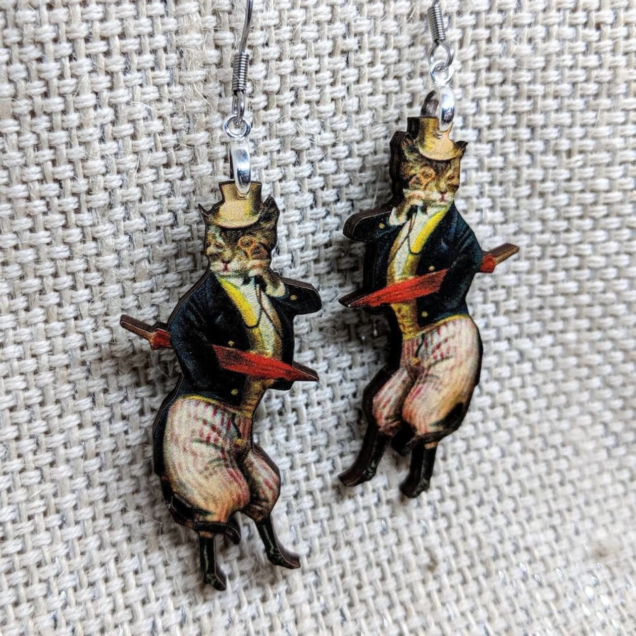 Dapper Cat Dangling Earrings | Handmade | Lightweight Wood