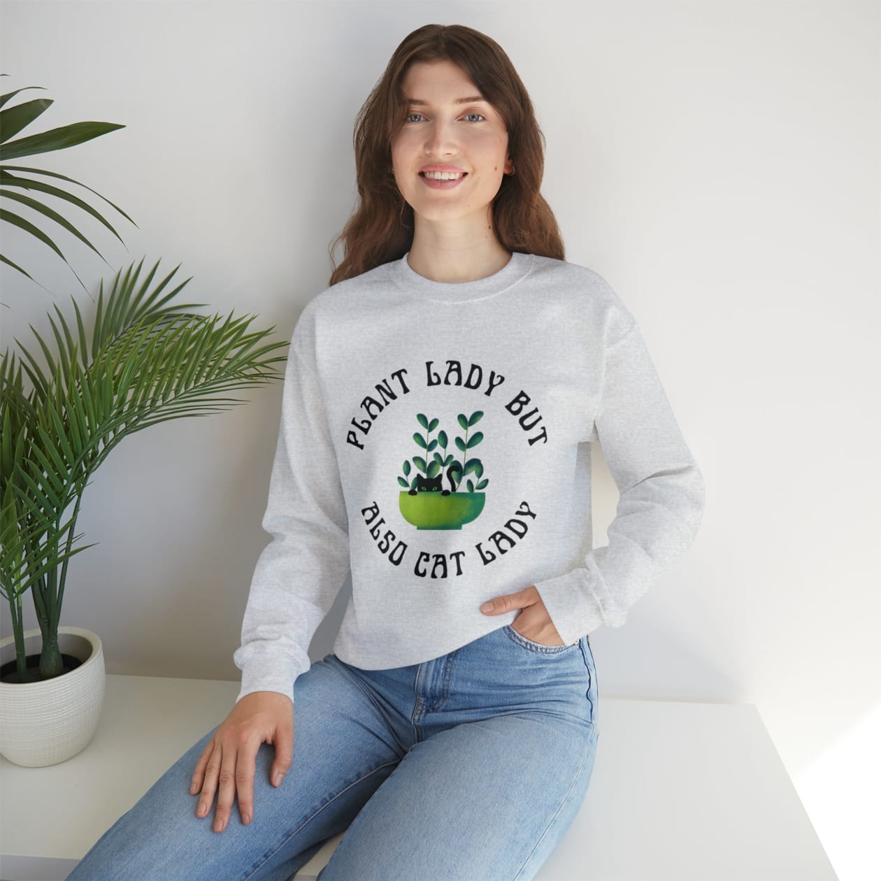 Plant Lady But Also Cat Lady Unisex Heavy Blend™ Crewneck Sweatshirt Sizes SM-5XL | Plus Size Available - Color: Ash, Size: S