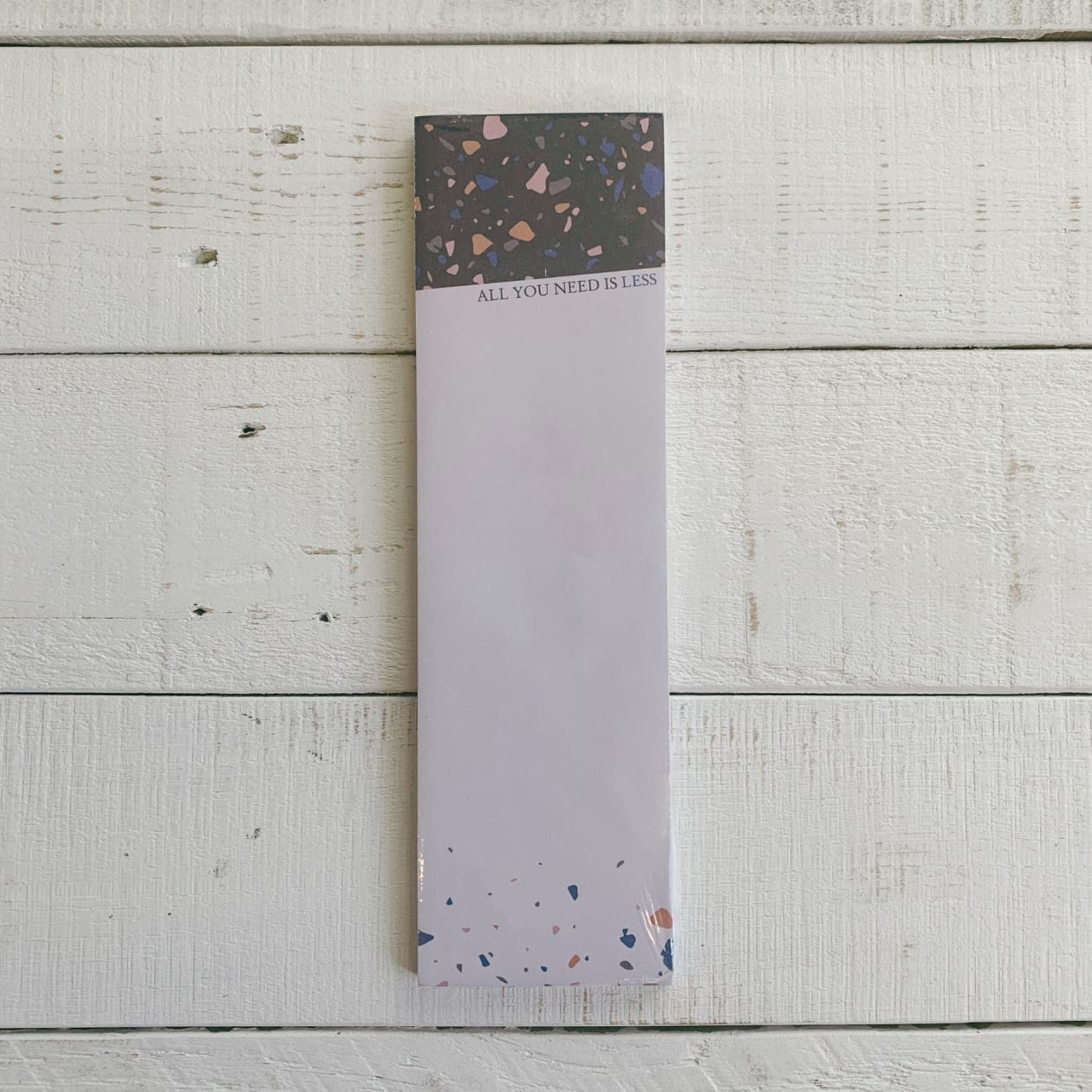 All You Need Is Less Notepad in Colorful Terrazzo | 9.5" x 2.75" | Holds to Fridge with Magnet | 1980s Memphis-Inspired