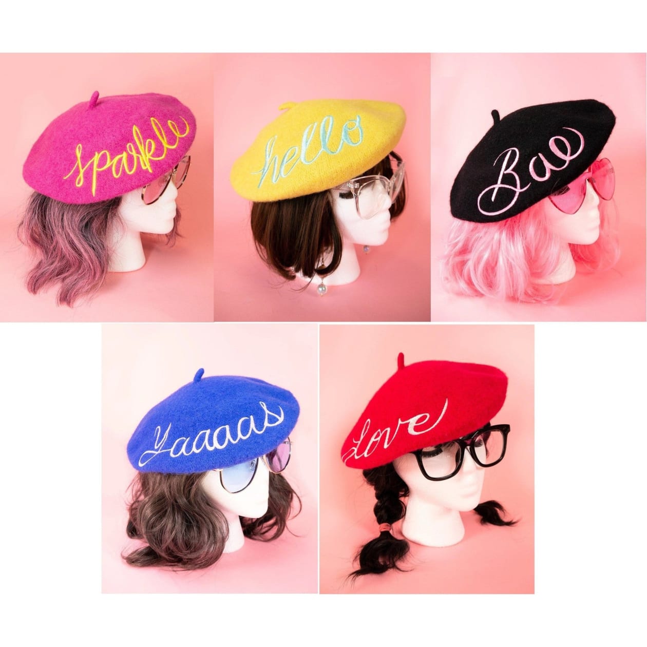 Embroidered Berets in 5 Fun Colors and Sayings | Wool and Nylon