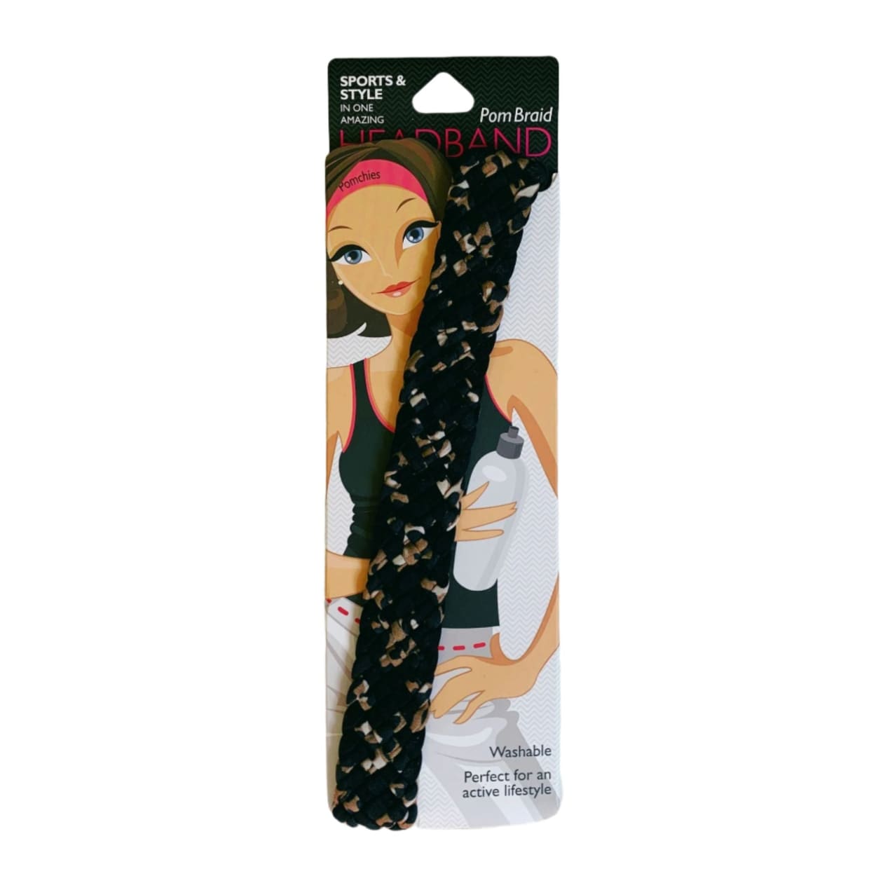 Leopard/Black Wide Braid Pom Single Headband | Nylon Headband Hair Accessory