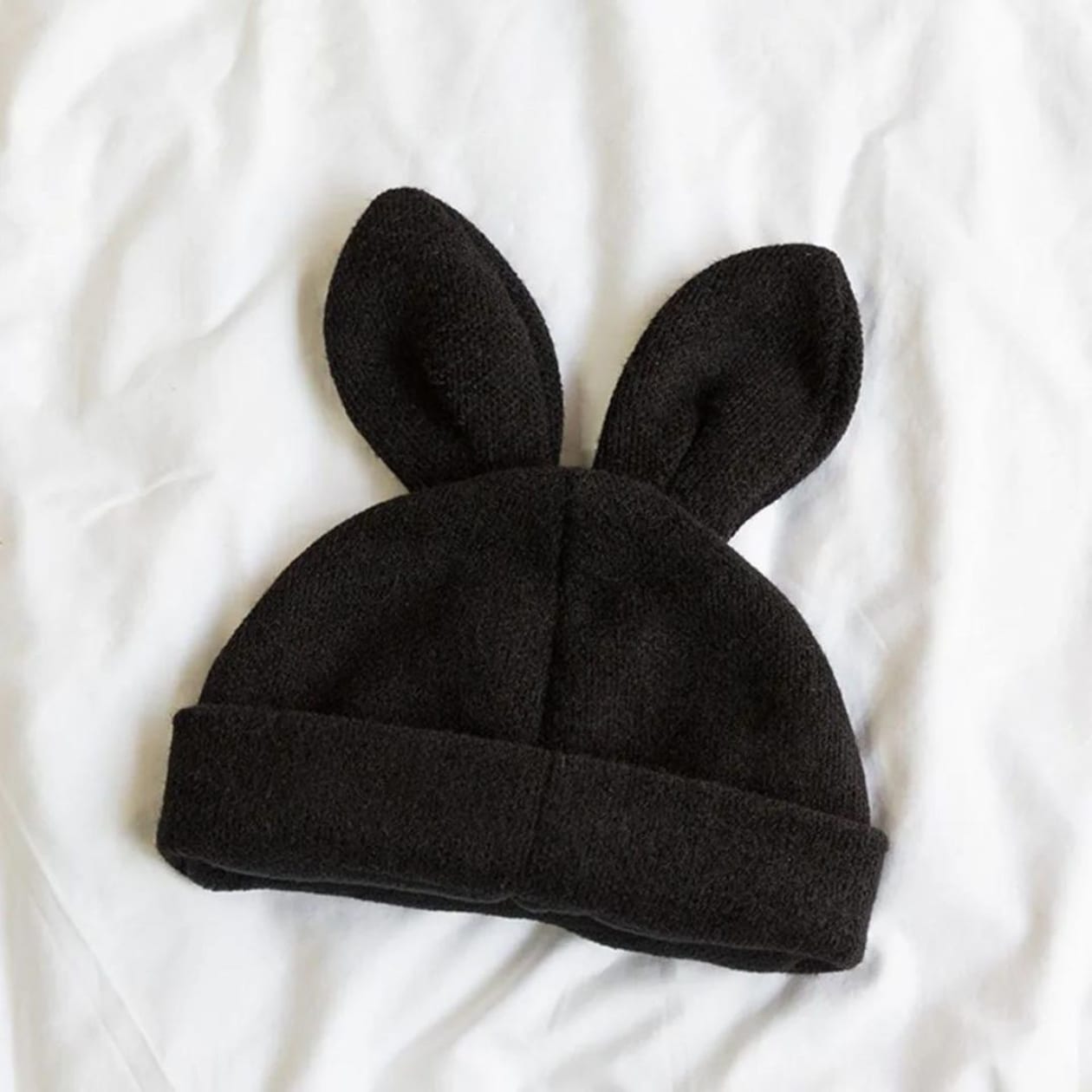 Bunny Ears Beanie Hat in Black or Winter White - Color: Black