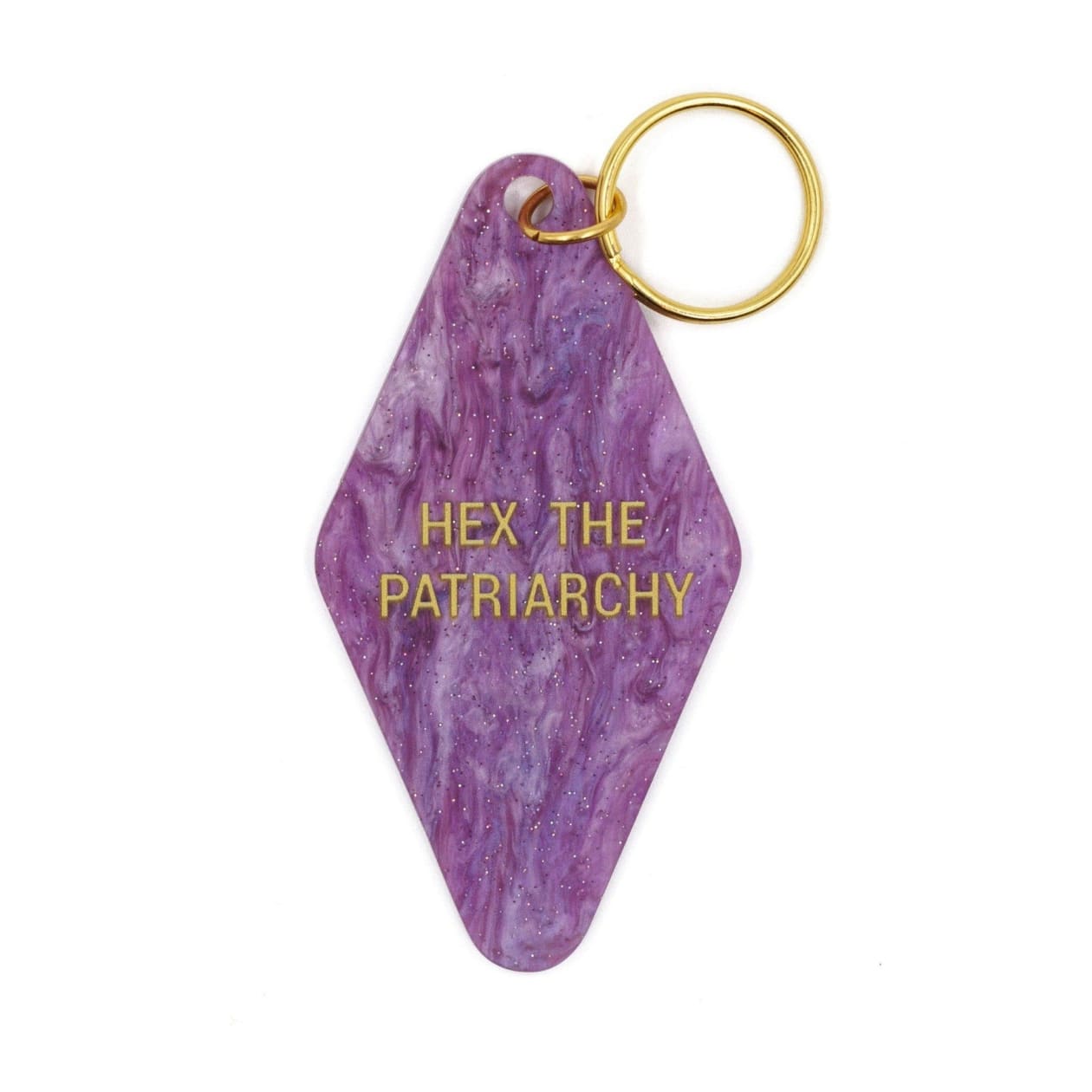 Hex the Patriarchy Feminist Motel Style Key Tag Keychain in Purple Galaxy Glitter