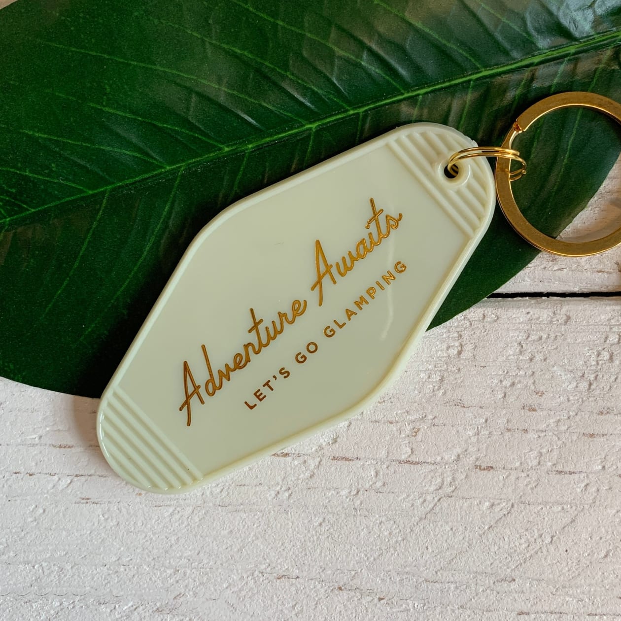 Adventure Awaits Let's Go Glamping Motel Style Keychain in Light Green with Gold Hardware