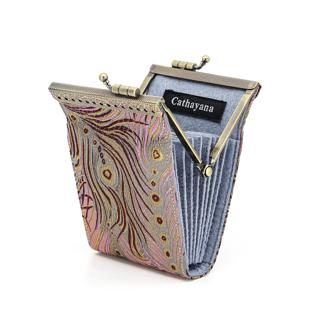 Card Holder in Grey and Pink Peacock Brocade | 10 Slots | RFID Blocking