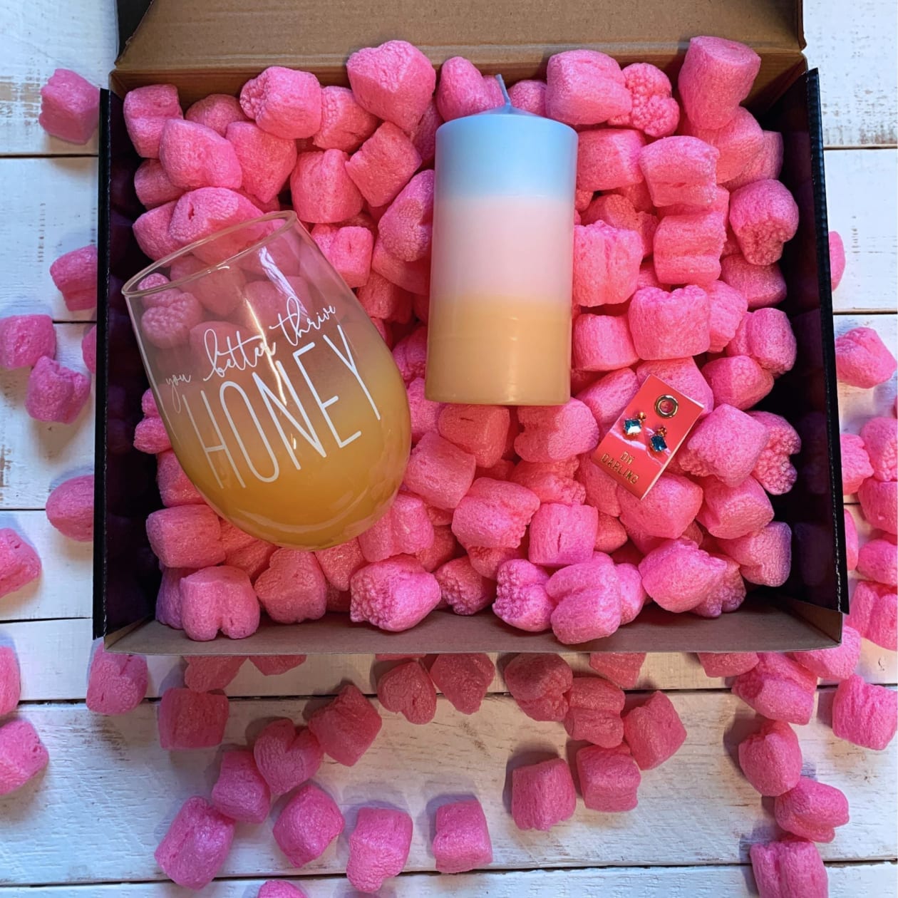 Candle + Sips Gift Box with Compostable Pink Heart Packing Peanuts