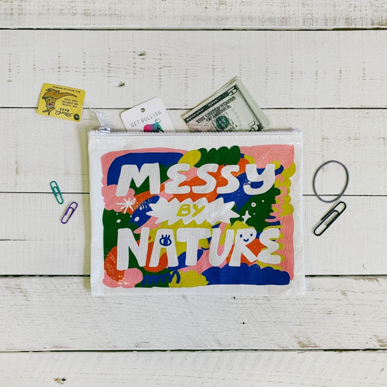 Messy By Nature Zipper Pouch | Recycled Material Case Storage Organizer | 7.25" x 9.5" | BlueQ at GetBullish