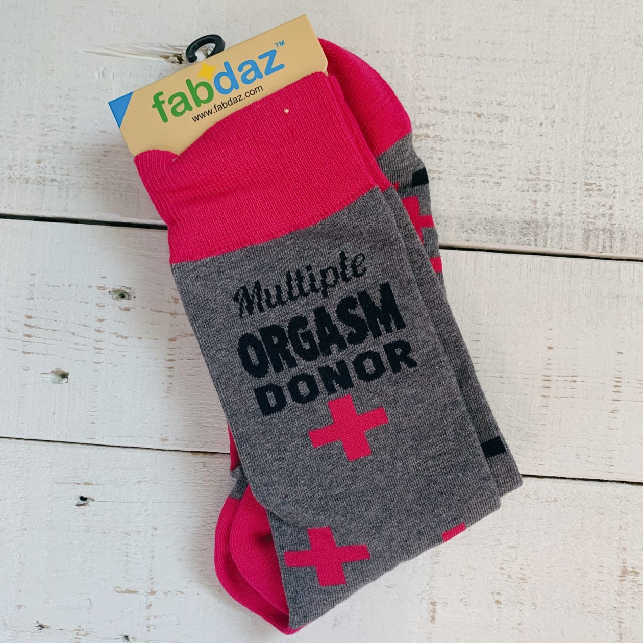 Multiple Orgasm Donor Men's Novelty Crew Socks | Grey and Pink Funny Cotton Socks