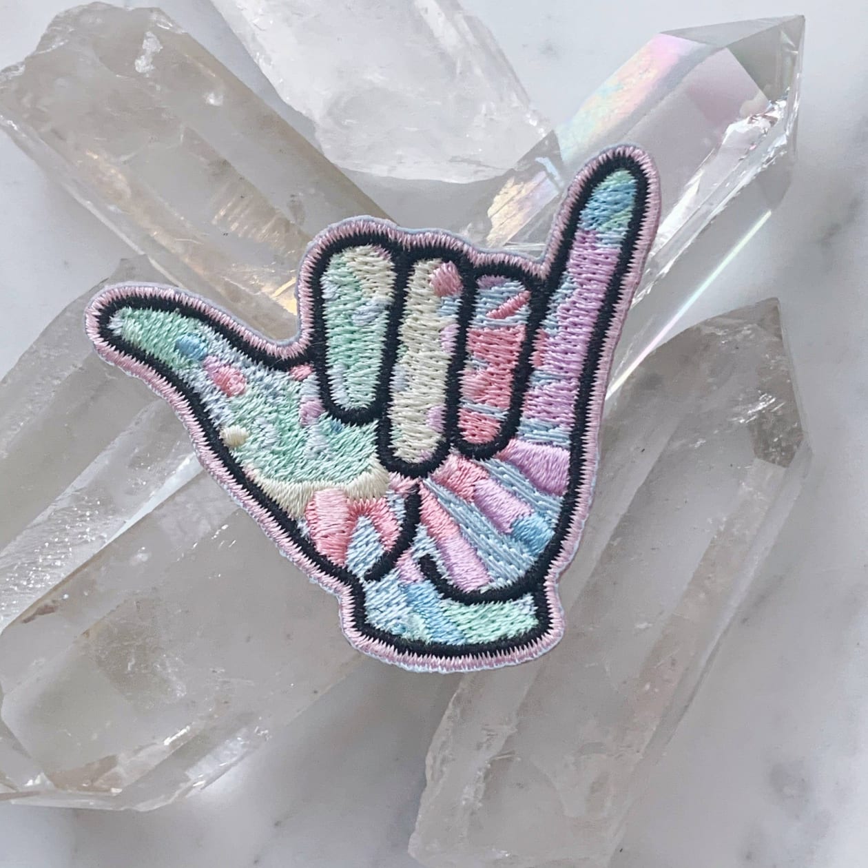 Hang Loose Hand Tie Dye Patch | Embroidered Cool Greeting Good Vibes Hand Sign