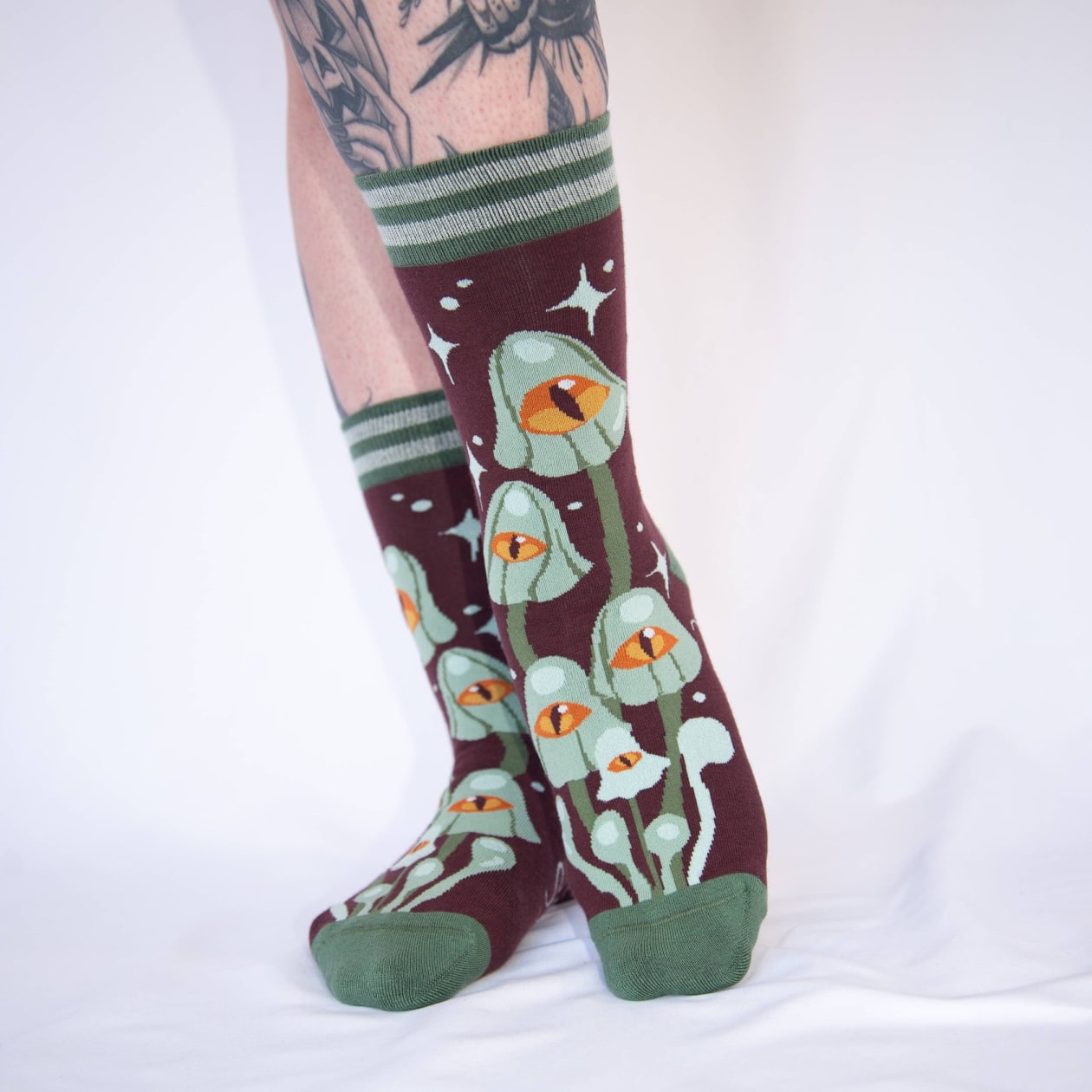 Mystic Mushrooms Crew Socks | Enchanted One-eyed Fungi Footwear