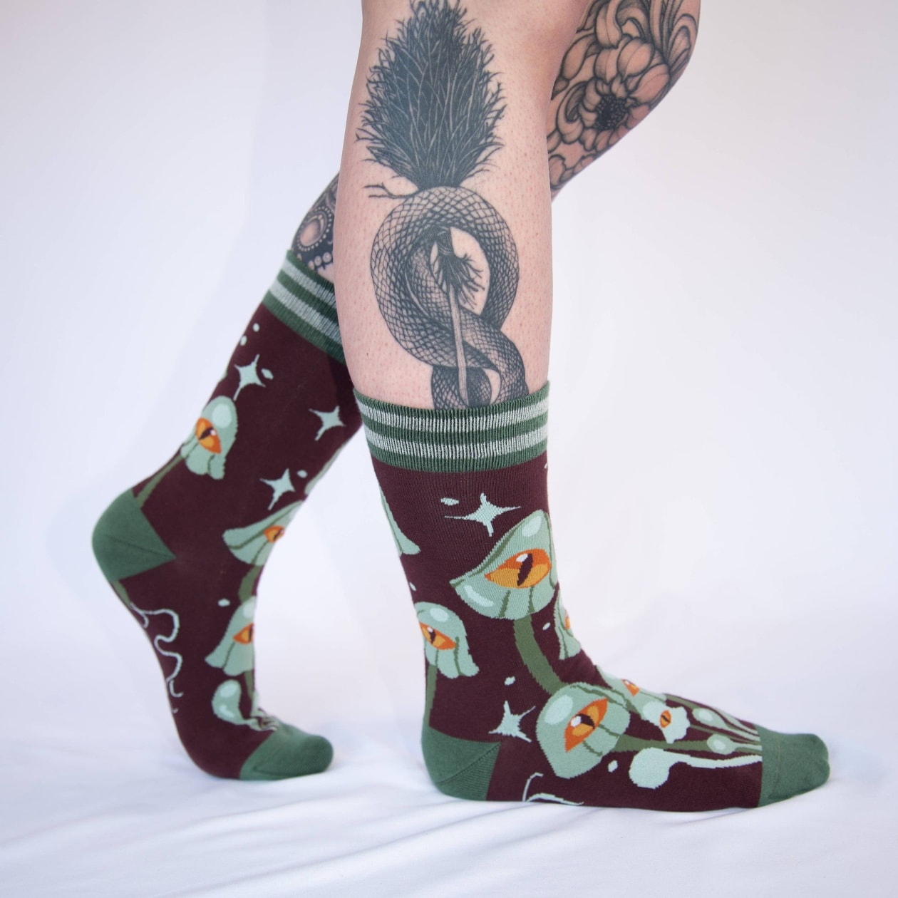 Mystic Mushrooms Crew Socks | Enchanted One-eyed Fungi Footwear