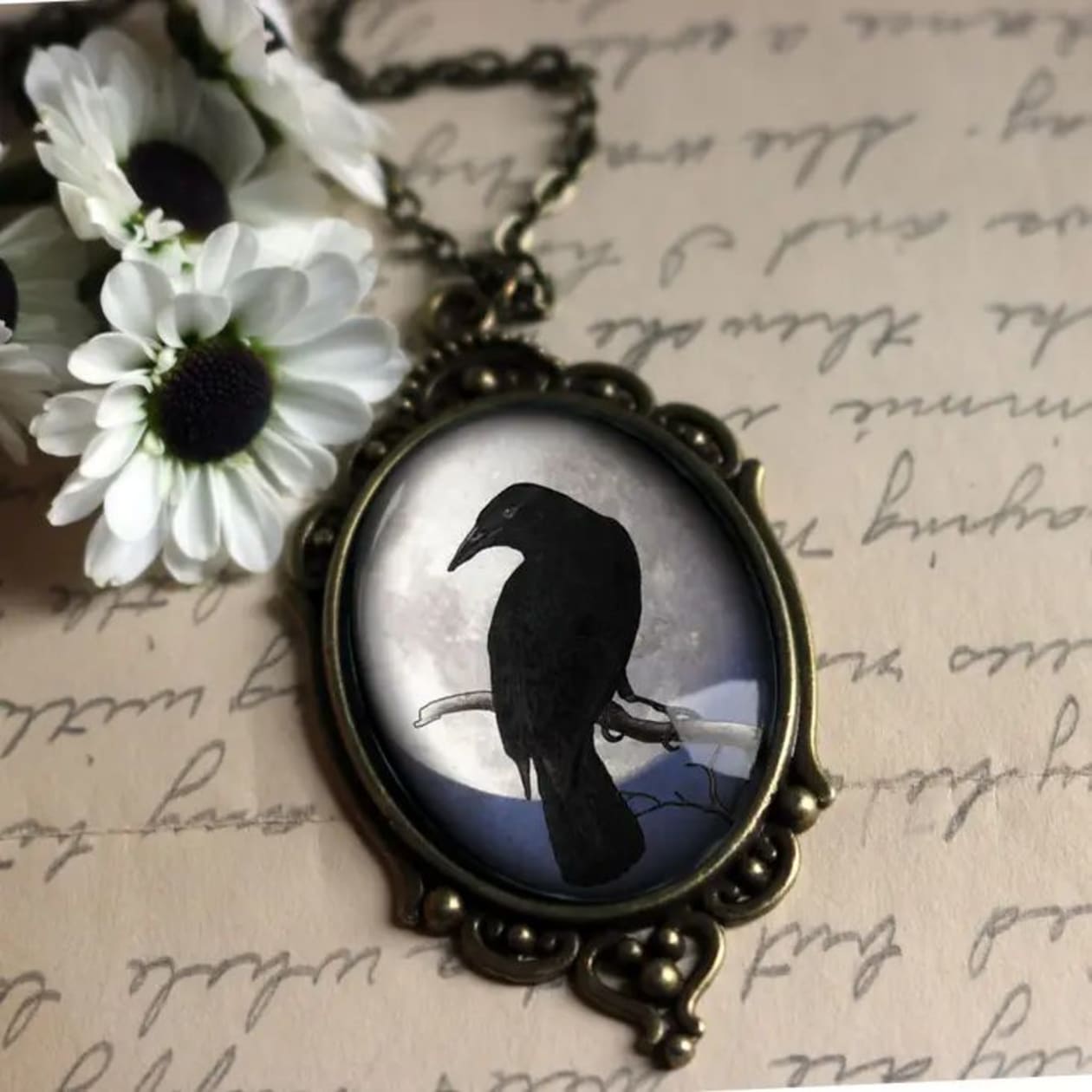 Raven On Full Moon Ornate Oval Pendant Necklace | Handmade in the US