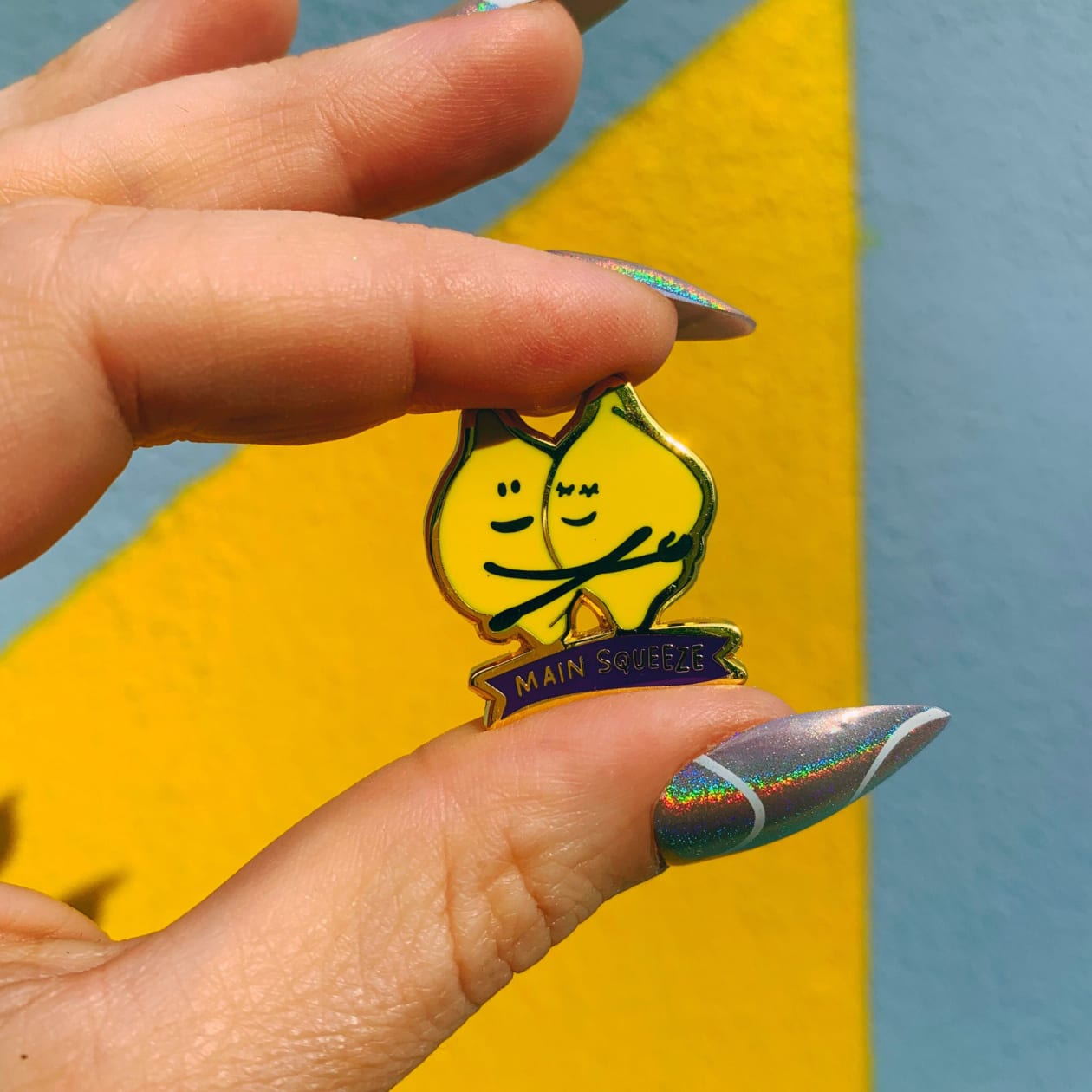 You Are My Main Squeeze Hugging Lemons Enamel Pin in Yellow