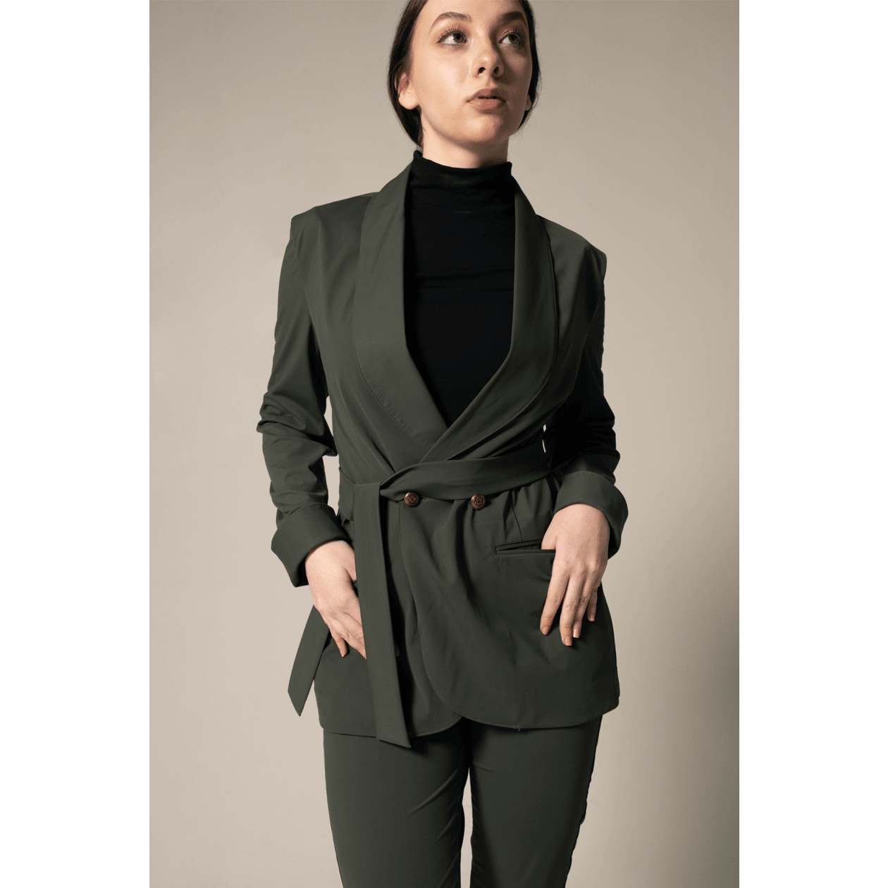Women's Olive Blazer with Front Buttons