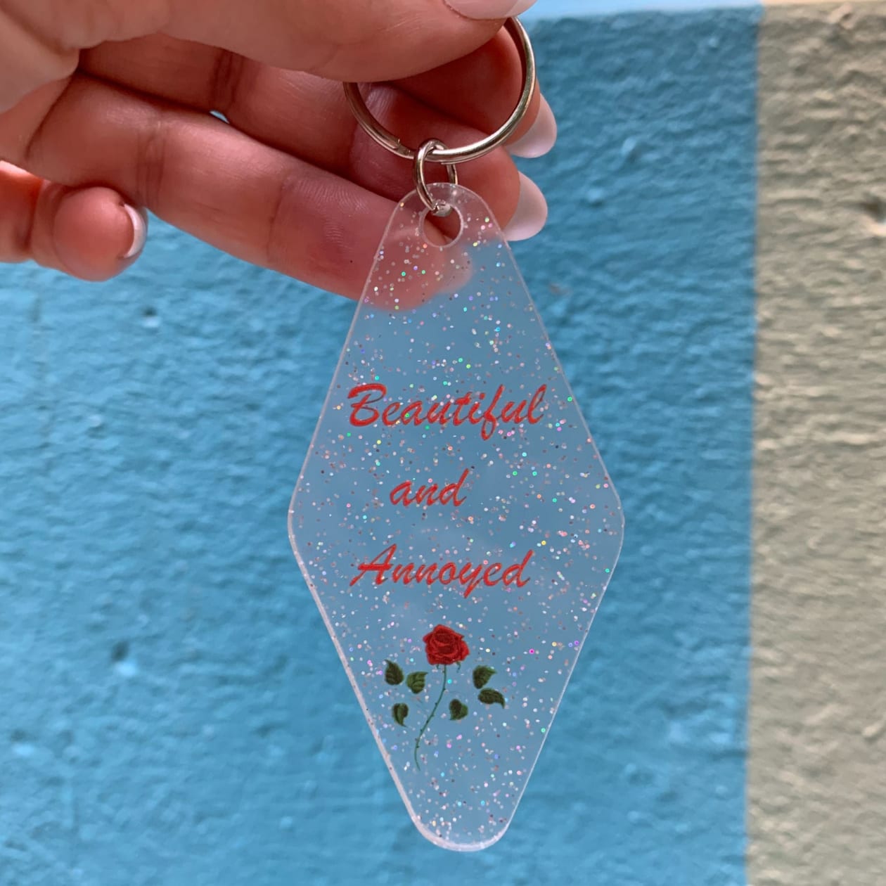 Beautiful and Annoyed Motel Style Key Tag Keychain in Transparent Glitter