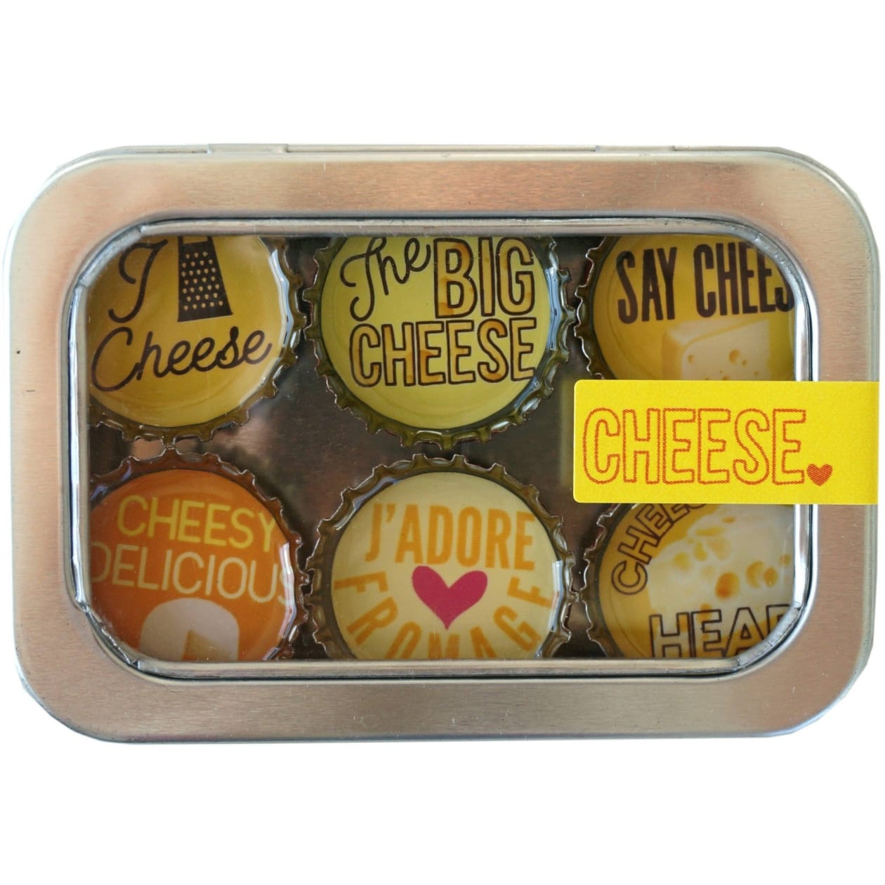 Cheese Magnets 6 Pack | Round Bottle-Cap Style Magnet Set in a Gift Tin