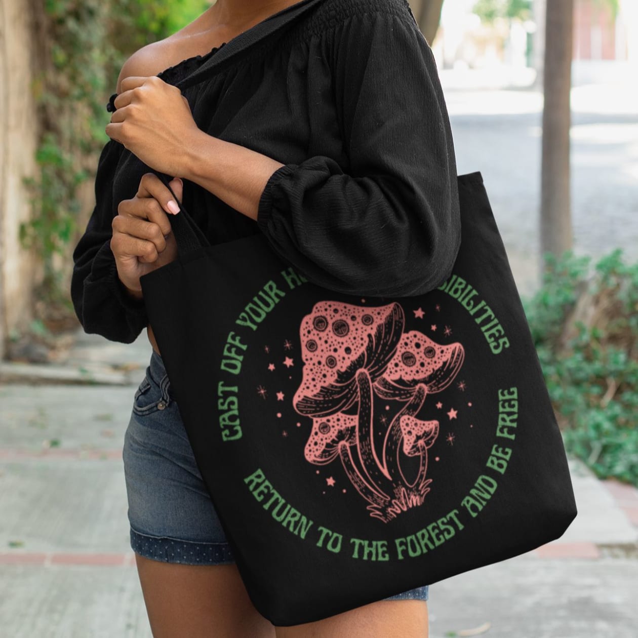 Cast Off Your Human Responsibilities Tote Bag in Black | 18" x 18" - Color: Black, Size: 18" × 18''