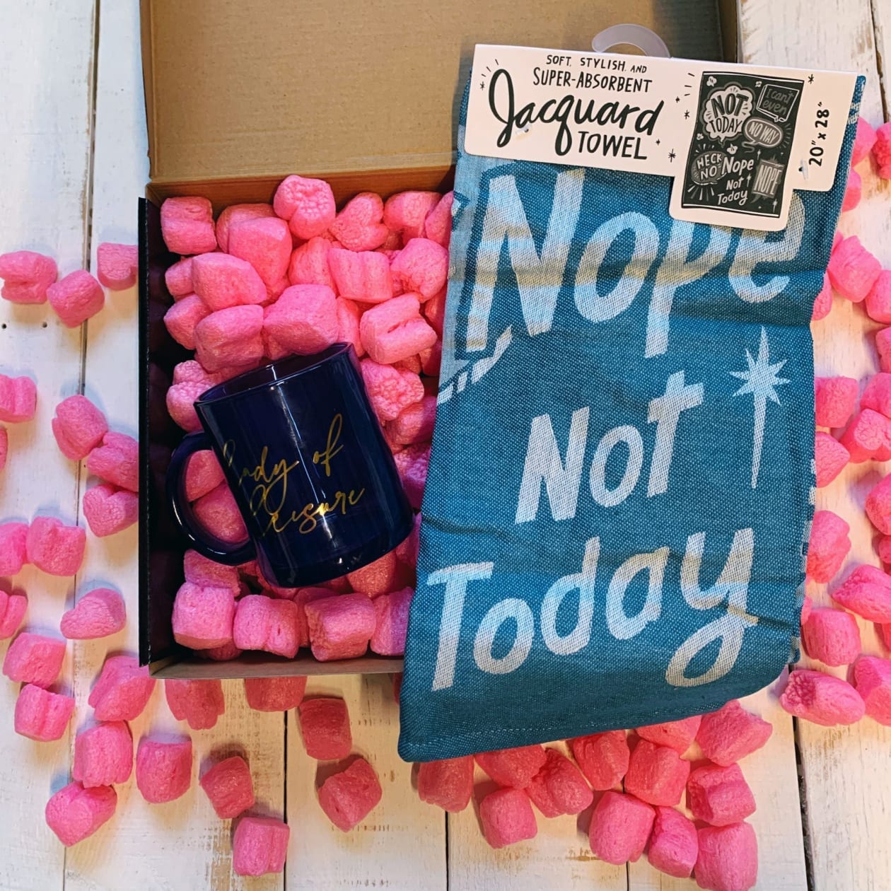 Lady of Leisure Gift Box with Compostable Pink Heart Packing Peanuts