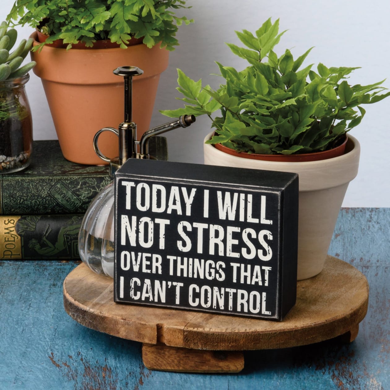 Today I Will Not Stress Over Things That I Can't Control  Box Sign | Classic Wooden Decor | 5" x 4"