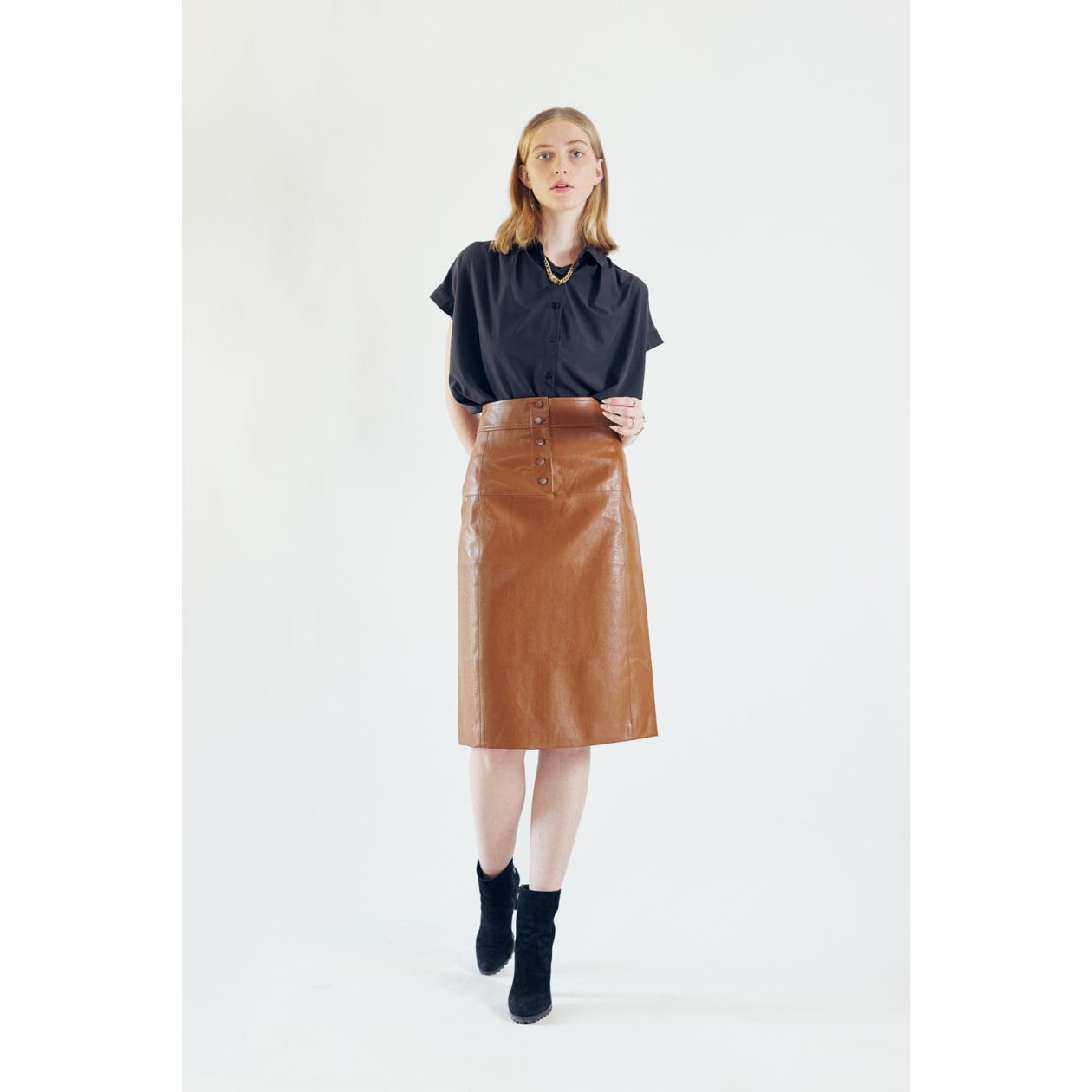 Glossy Brown Vegan Leather Pencil Skirt