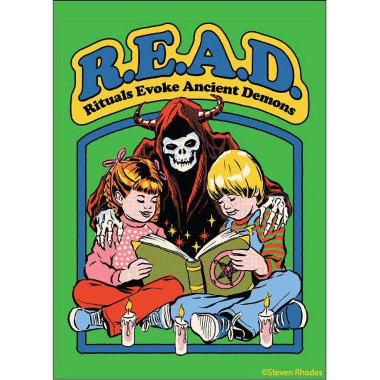 Rituals Evoke Ancient Demons Rectangular Fridge Magnet | '80s Children's Book Style Satirical Art by Steven Rhodes