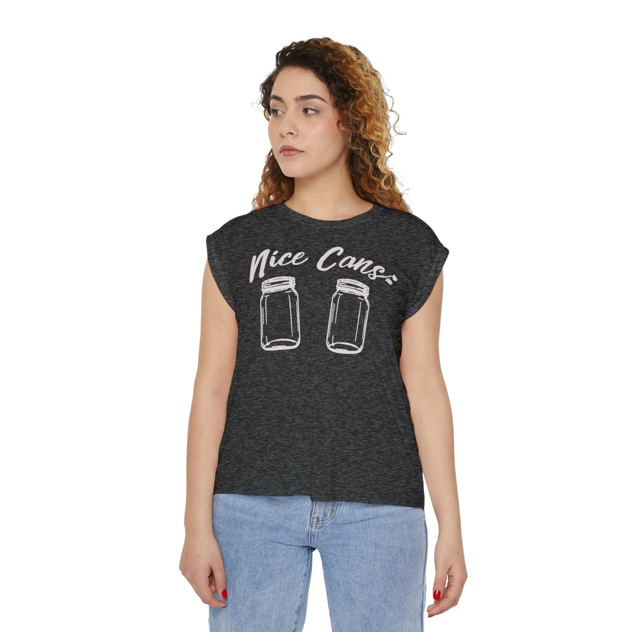 Nice Cans Women’s Flowy Rolled Cuffs Muscle Tee - Color: Dark Grey Heather, Size: S