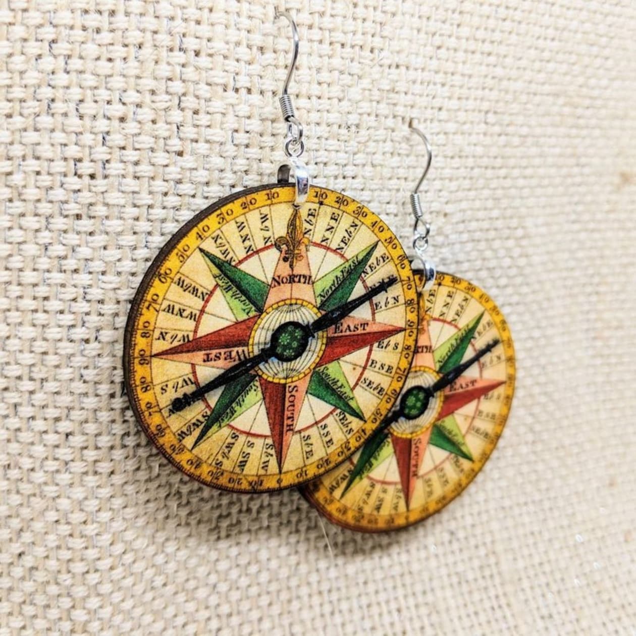 Compass Dangling Earrings | Handmade | Lightweight Wood