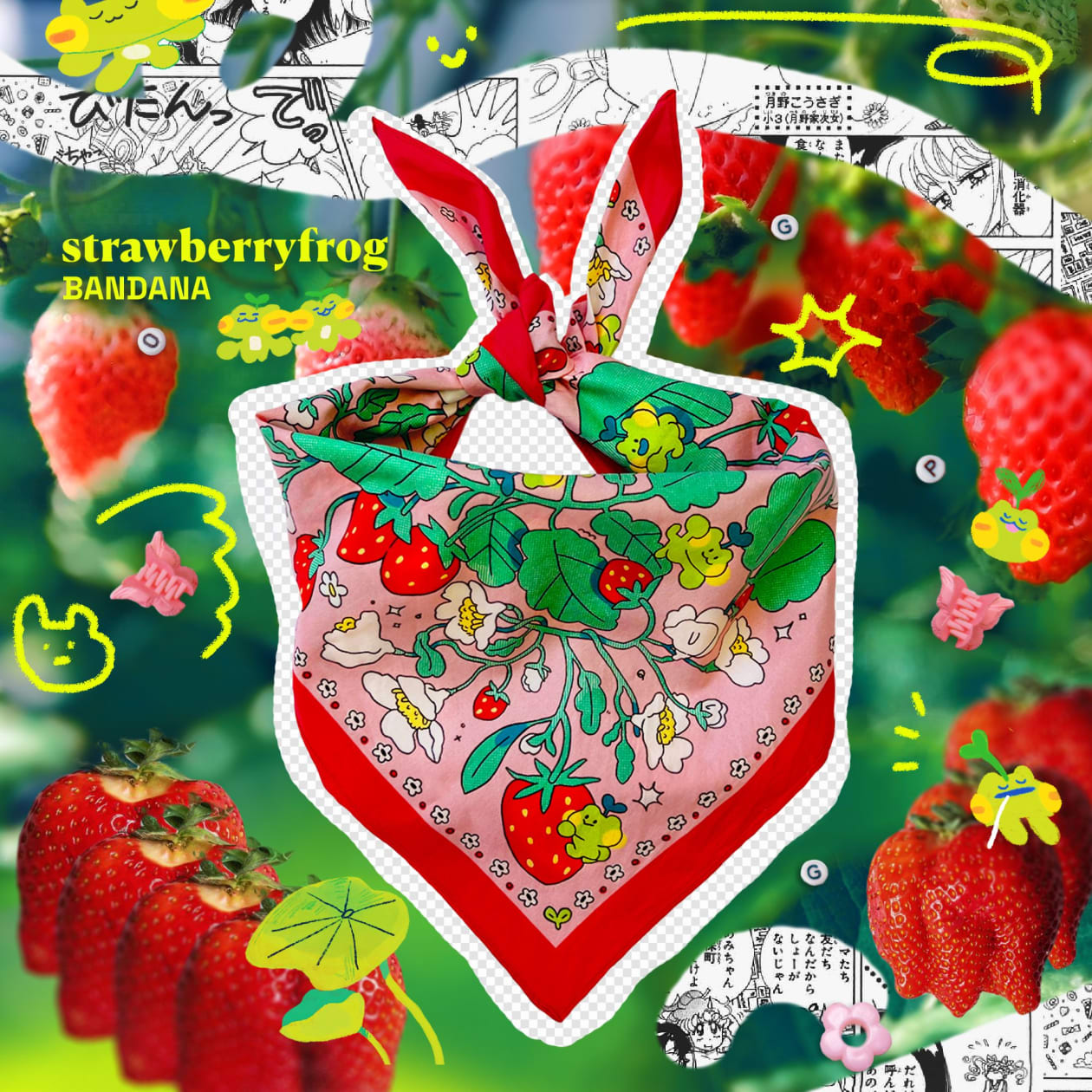 Strawberry Froggy ✿ Bandana | Colorful Headscarf |  22" x 22"