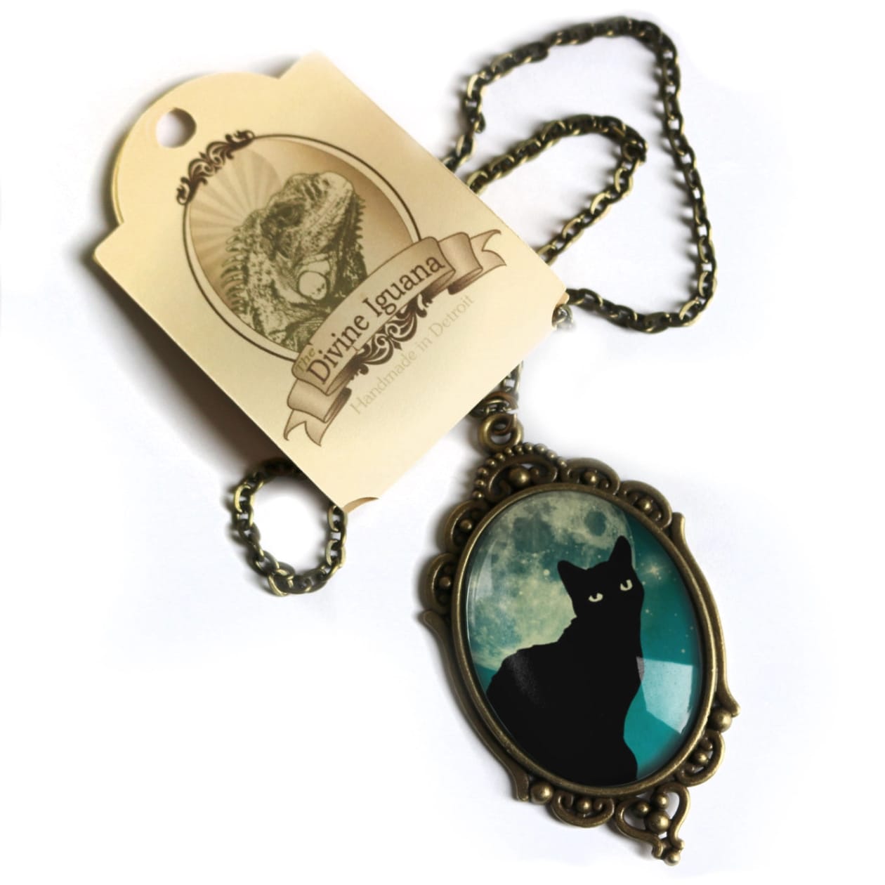 Teal Cat On Full Moon Oval Pendant Necklace | Handmade in the US