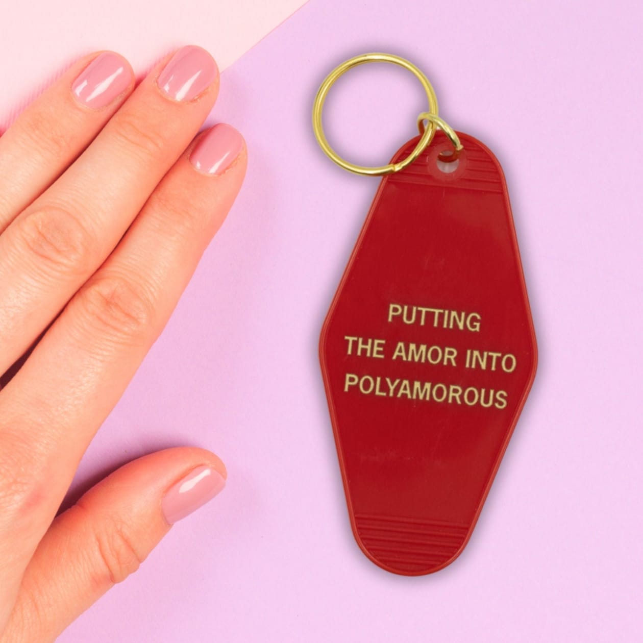 Putting the Amor in Polyamorous Motel Style Keychain in Red and Gold | Polyamory Themed Funny Key Tag