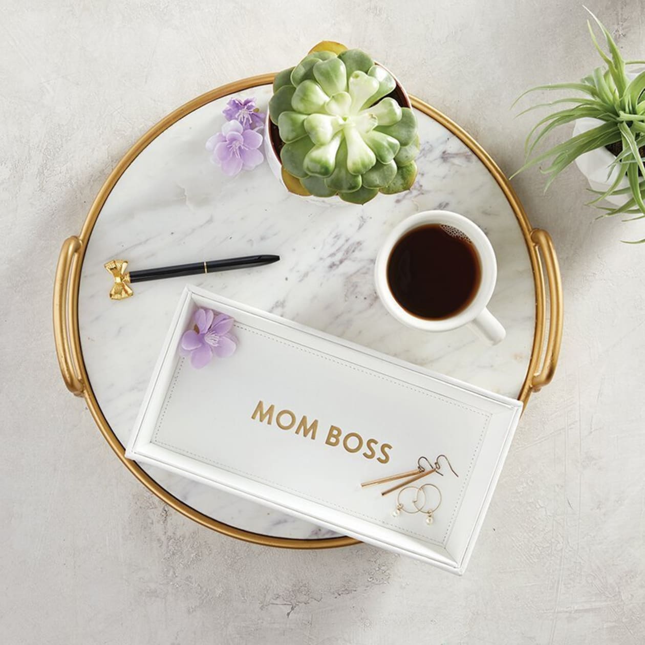 Mom Boss 10" x 5" Valet Tray | Vegan Leather Trinket Tray for Dresser or Desk | Motivational Quote Gift