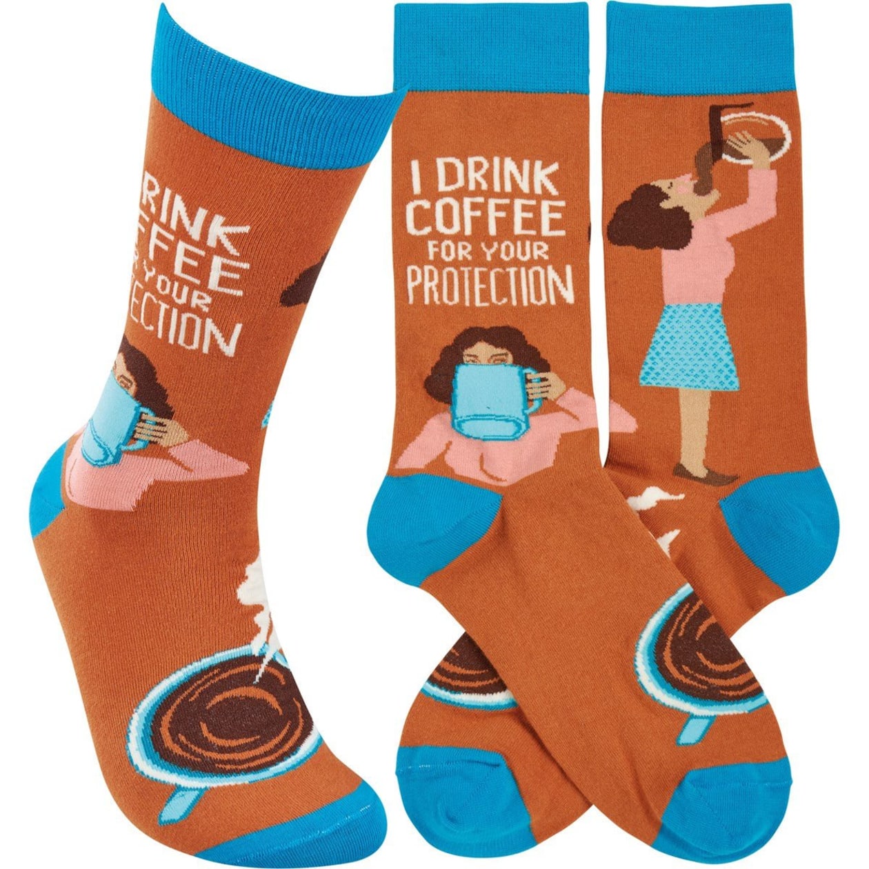 I Drink Coffee For Your Protection Funny Socks in Aqua Blue and Brown | Unisex