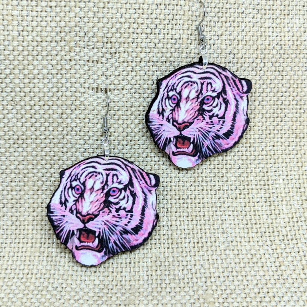 Pink Tiger Dangling Earrings | Handmade | Lightweight Wood