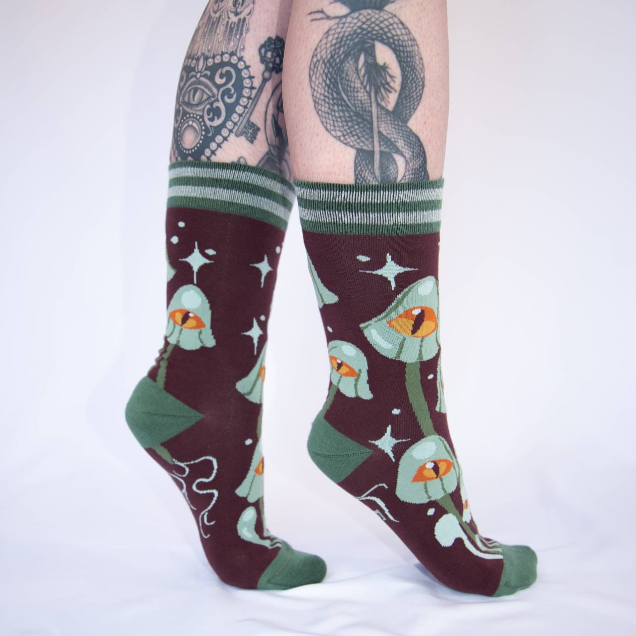 Mystic Mushrooms Crew Socks | Enchanted One-eyed Fungi Footwear