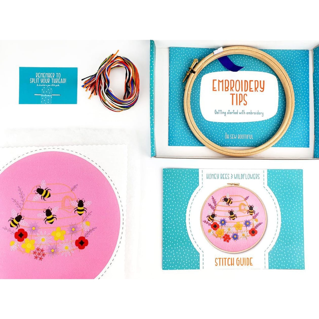 Honey Bees and Wildflowers Handmade Embroidery Kit Hoop