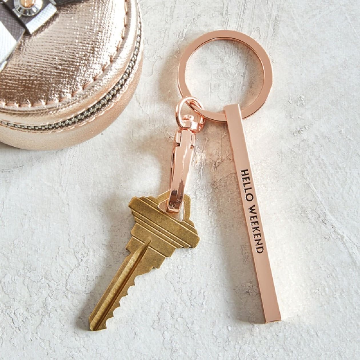 Hello Weekend Stamped Bar Keychain in Rose Gold | Minimalist Metal Quote Keychain