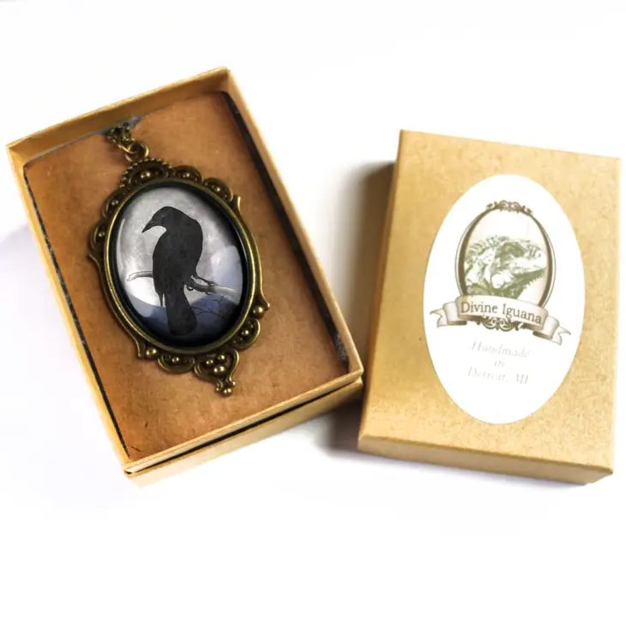 Raven On Full Moon Ornate Oval Pendant Necklace | Handmade in the US