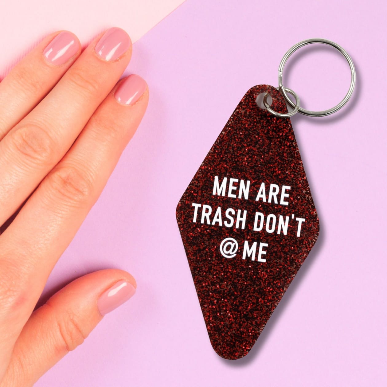 Men Are Trash Don't @ Me Motel Keychain in Glitter Maroon
