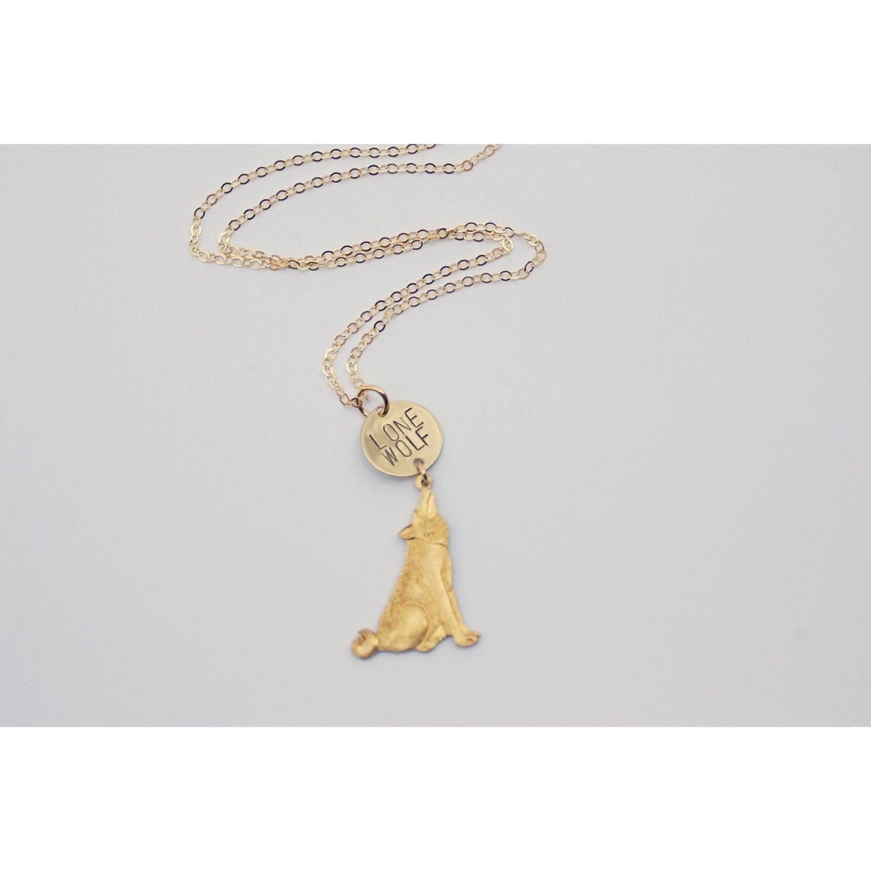 The Betty Collection: Lone Wolf Stamped Necklace With Wolf Charm in Gold or Silver