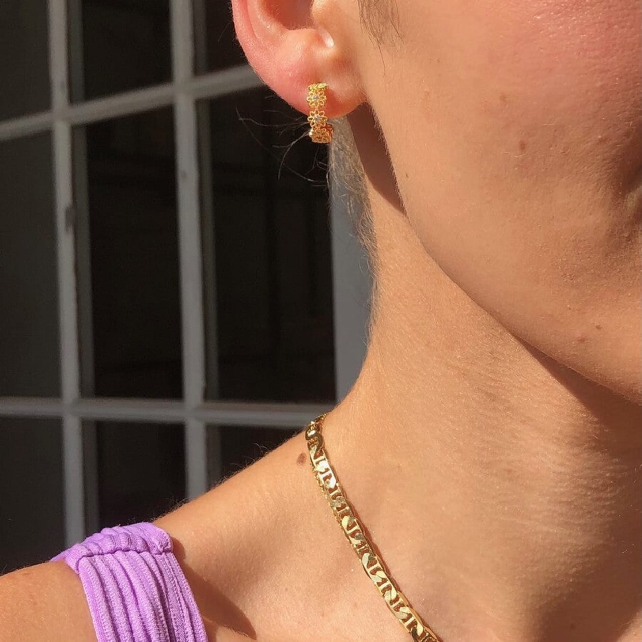 Crystal Daisy Hoop Earrings in Gold | Designed in the UK | 14K Gold Plated Brass