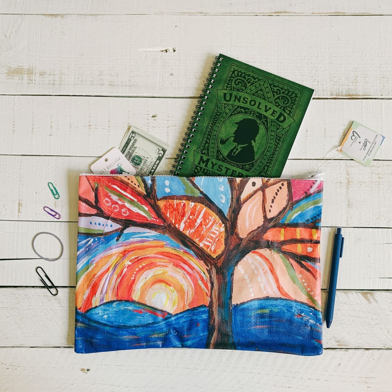 Jumbo Pouch Painted Tree Zipper Folder | Organizer Pouch Recycled Material | 14.25" x 10"